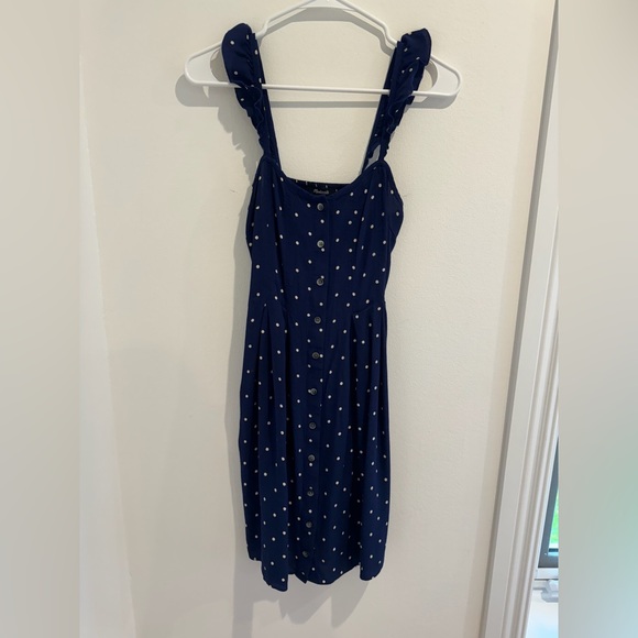 Madewell Women Blue Ruffle-Strap Button-Front Mini Dress Polka Dot Size 0 - Picture 4 of 7